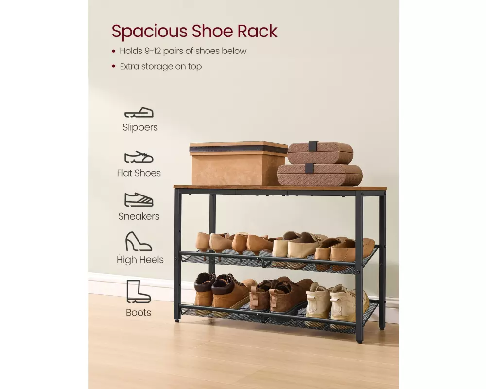 VASAGLE Schuhregal mit drei Ablagen 28 x 53 cm, Schwarz/Braun