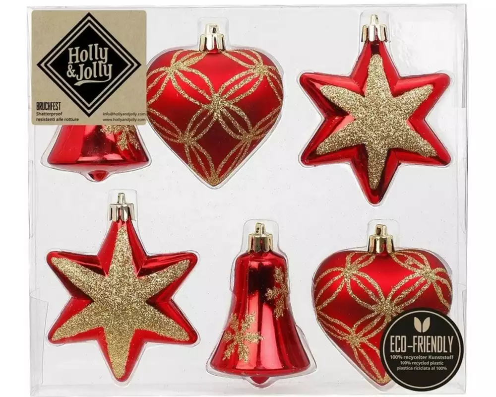 Holly & Jolly Weihnachtskugel Festive Red verschiedene Formen, 6 Stück