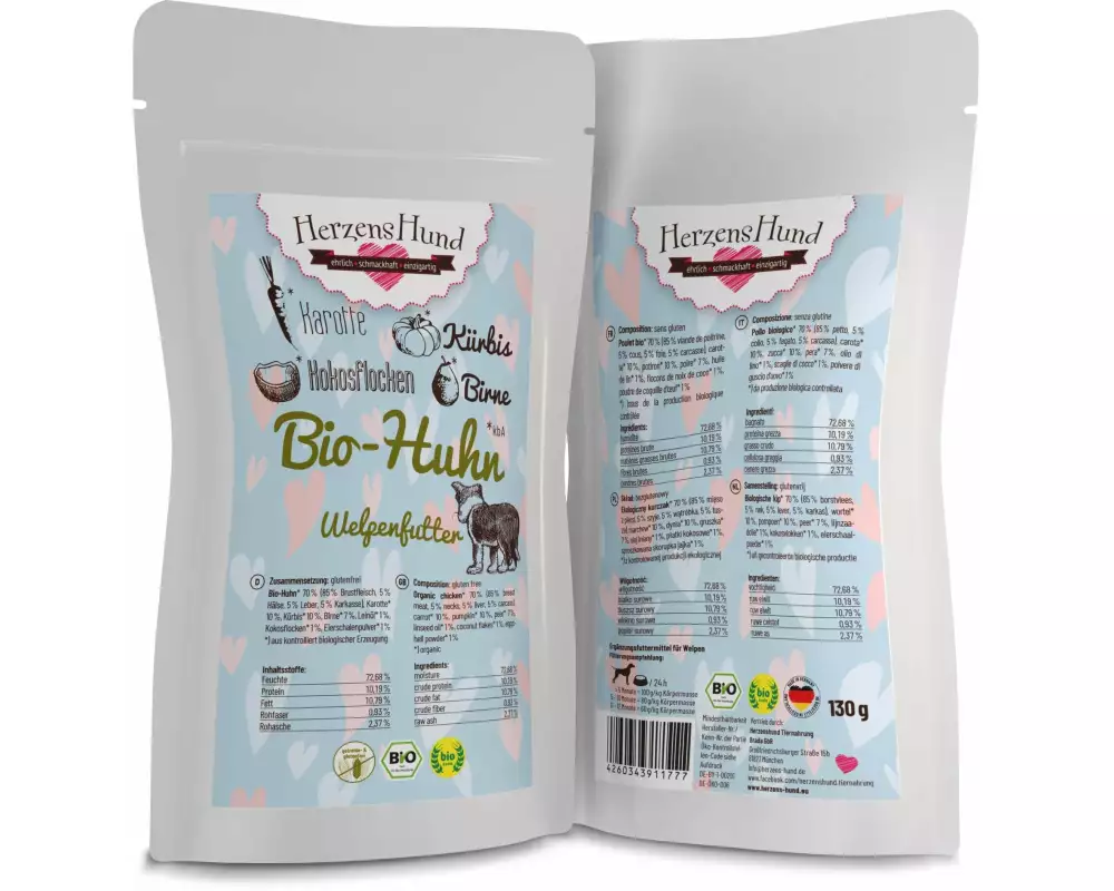 HerzensHund Nassfutter Welpe Bio-Huhn mit Bio-Karotte, 130 g