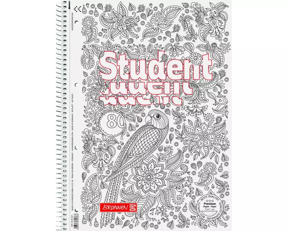 Brunnen Collegeblock ZENart Papagei, A4, Liniert, Weiss; Schwarz