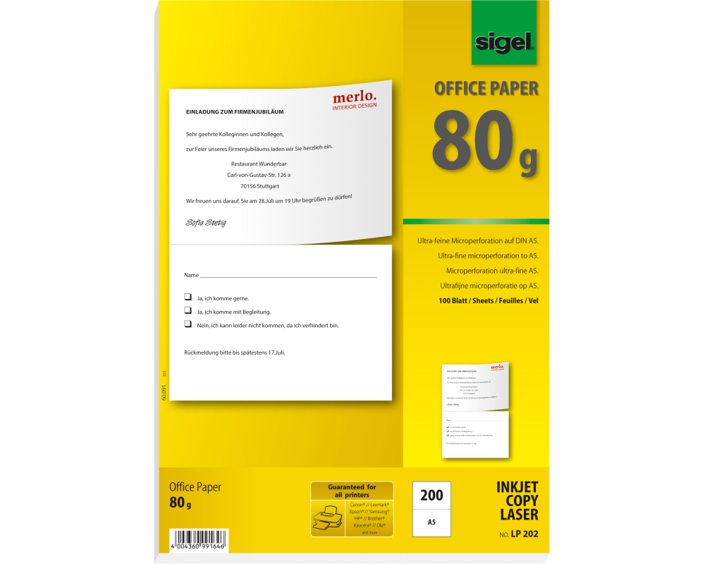 SIGEL Spezialpapier A4 LP202 weiss, 200 Stk.A5 / 100 Bl.