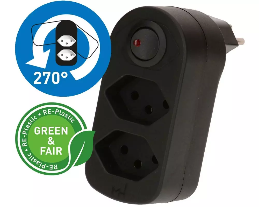 Max Hauri Mehrfachstecker ADAPT 2x Typ 13 drehbar Schalter Green+Fair