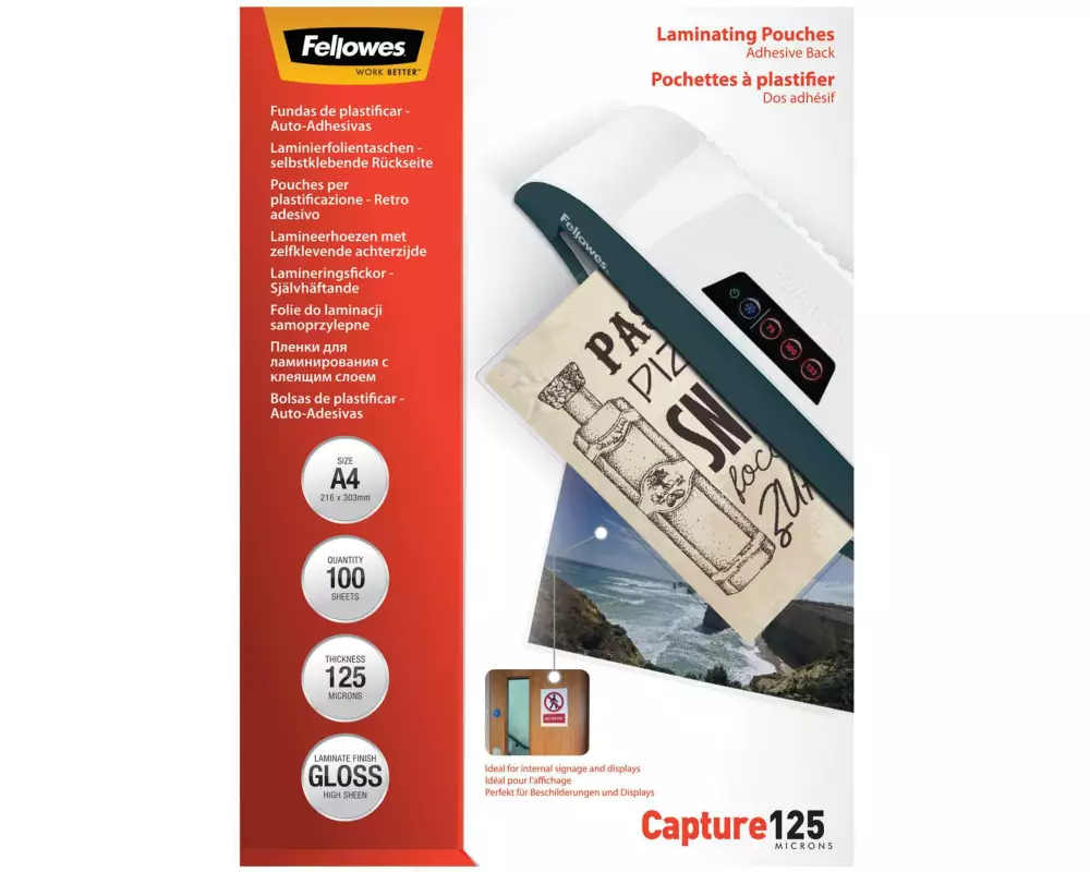 Fellowes Laminierfolie A4, 125 µm, 100 Stück, Glänzend, Selbstklebend