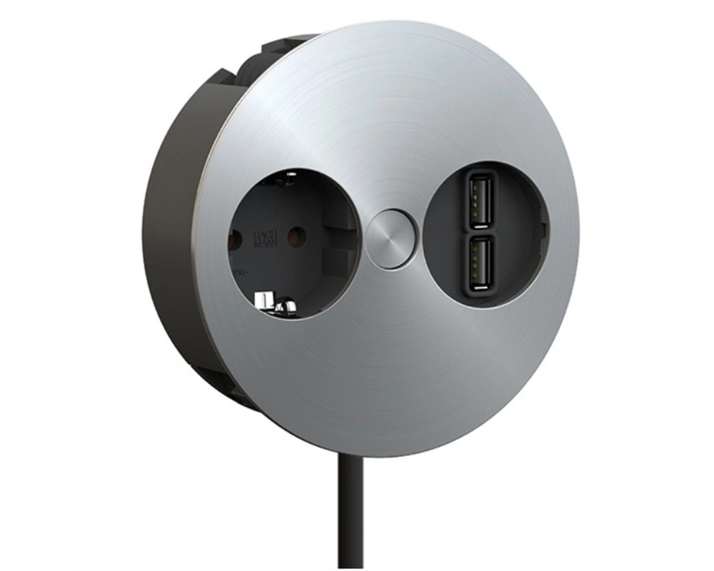 BACHMANN TWIST 1x Schutzkontakt, Aderendhülsen, USB-Charger, Schutzkontaktmontagestecker, silberfarben, 2 m