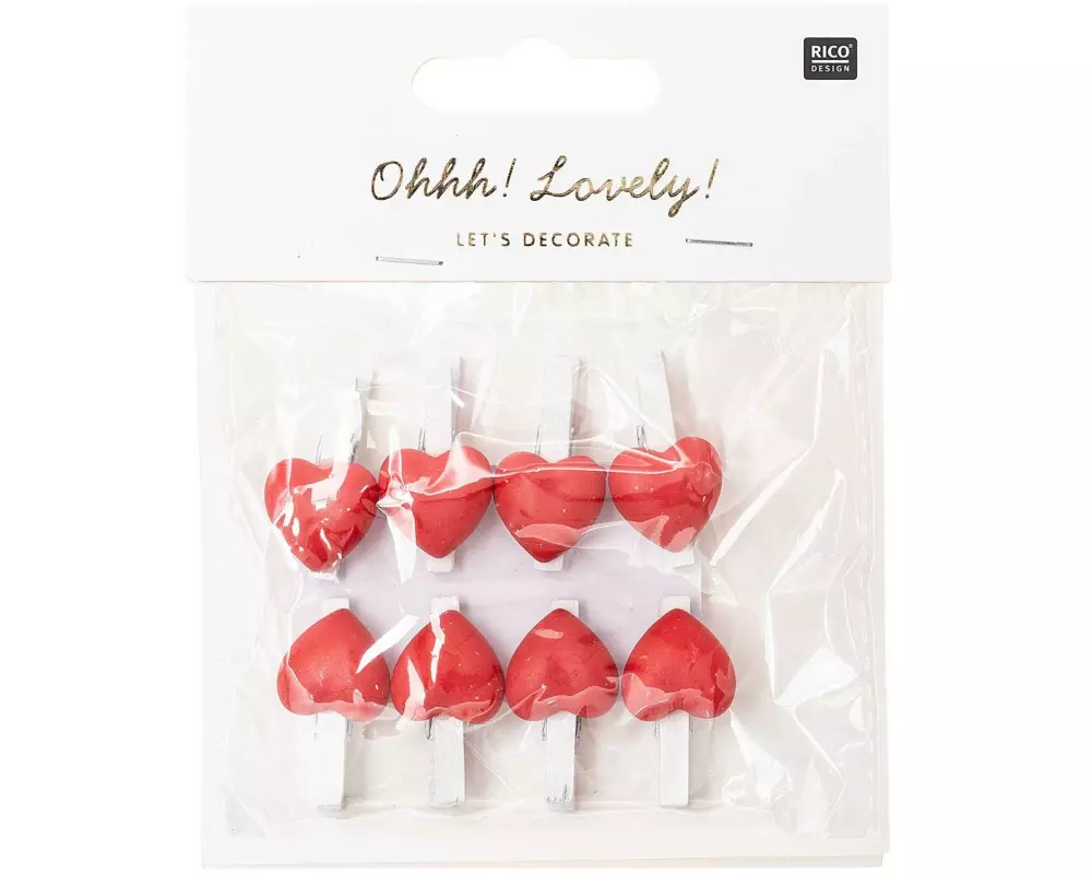 Rico Design Dekoklammer Herz 8 Stück, Rot/Weiss
