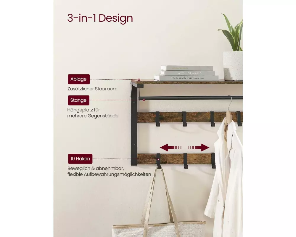 VASAGLE Garderobe im Industriestil mit Ablage 80 x 30 x 45 cm