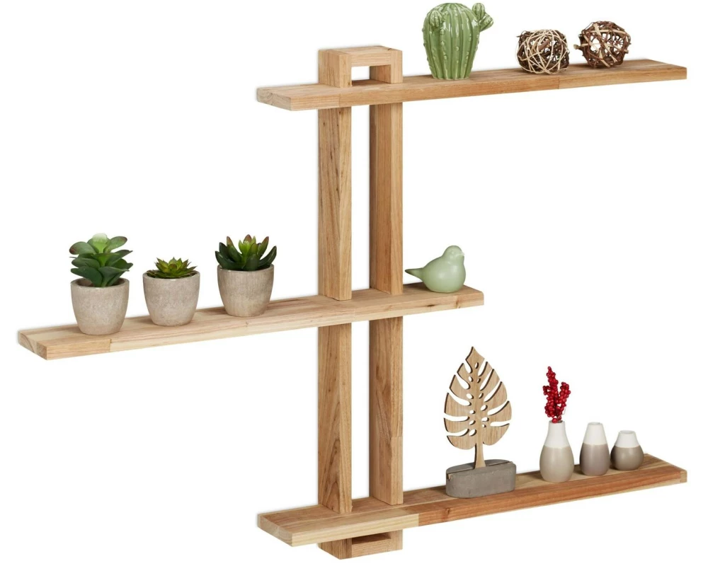 relaxdays Wandregal mit 3 Ablagen 56 x 80 x 9 cm, Nature