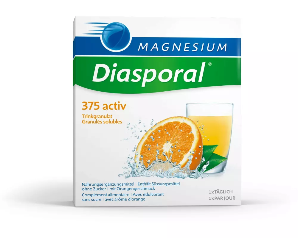 Magnesium Diasporal 375 Activ Orange Trinkgranulat 20 Sticks
