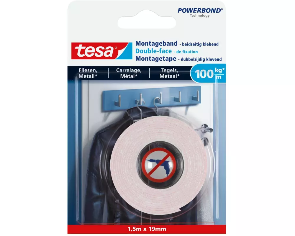 tesa Montageband 1.5 m x 19 mm für Fliesen + Metall