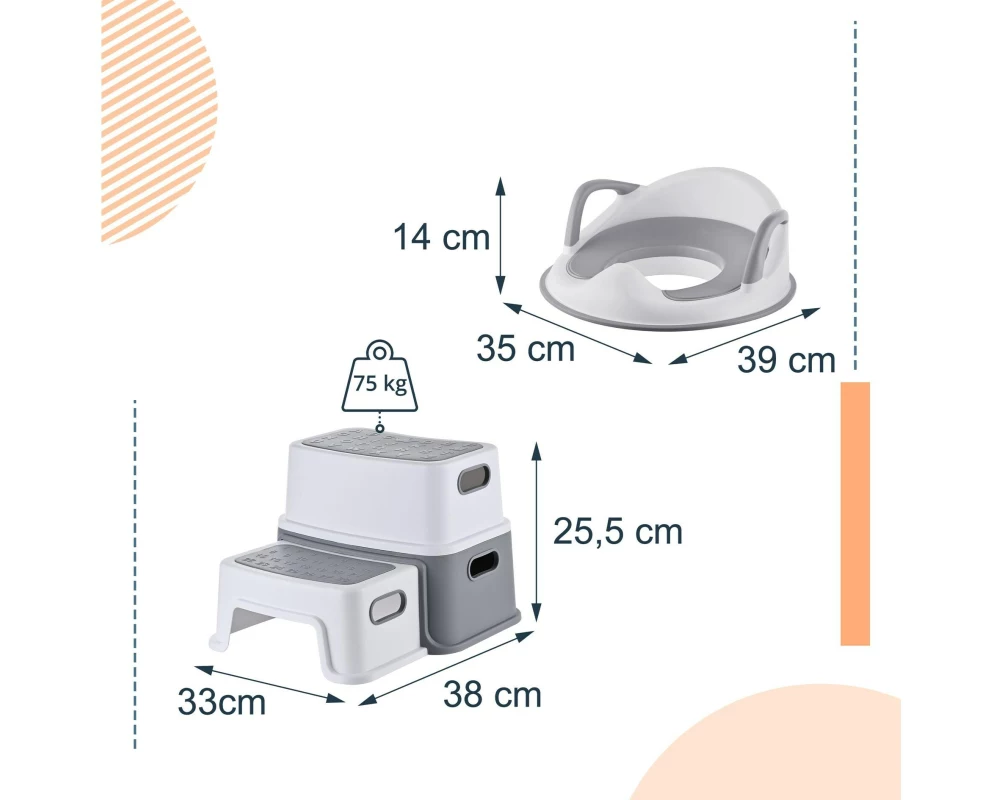 relaxdays Kindertoilettensitz mit Tritthocker, Kunststoff, Weiss Grau