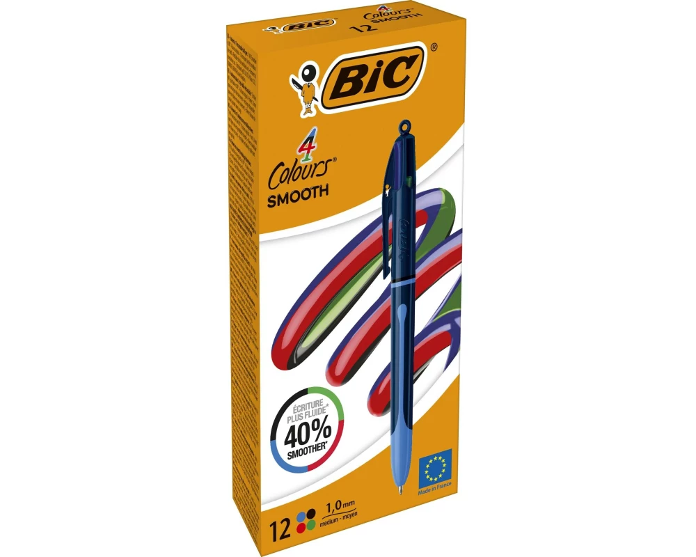 BIC 4 Colours Kugelschreiber Smooth Box, 12 Stk, 1.0 mm, Blau