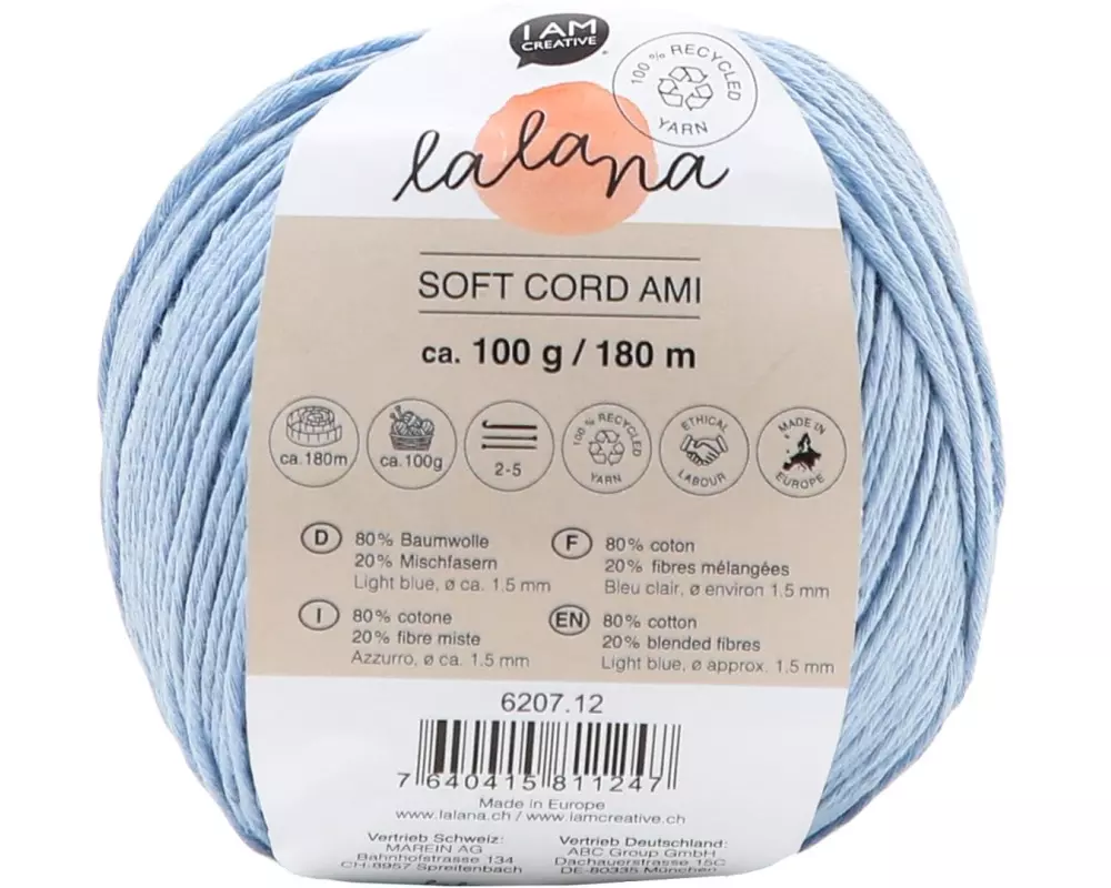 lalana Wolle Soft Cord Ami 100 g, Hellblau