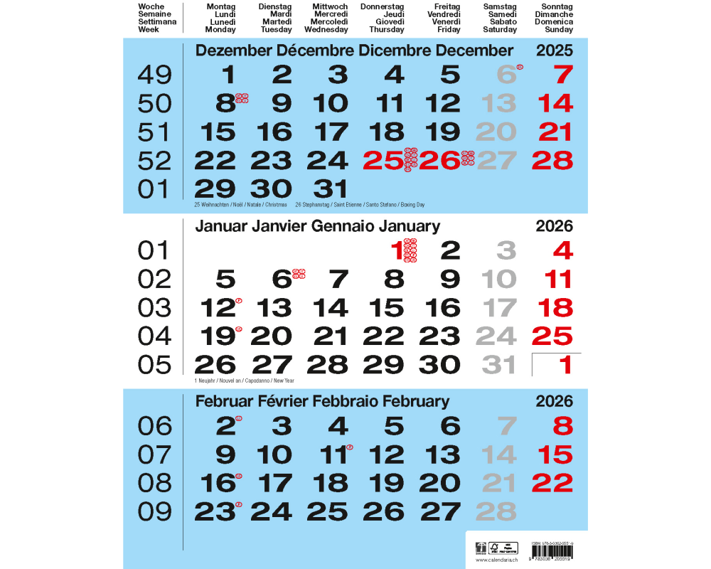 CALENDARIA 3-Monats-Wandkalender 2026 9783036205519 blau 31x40cm