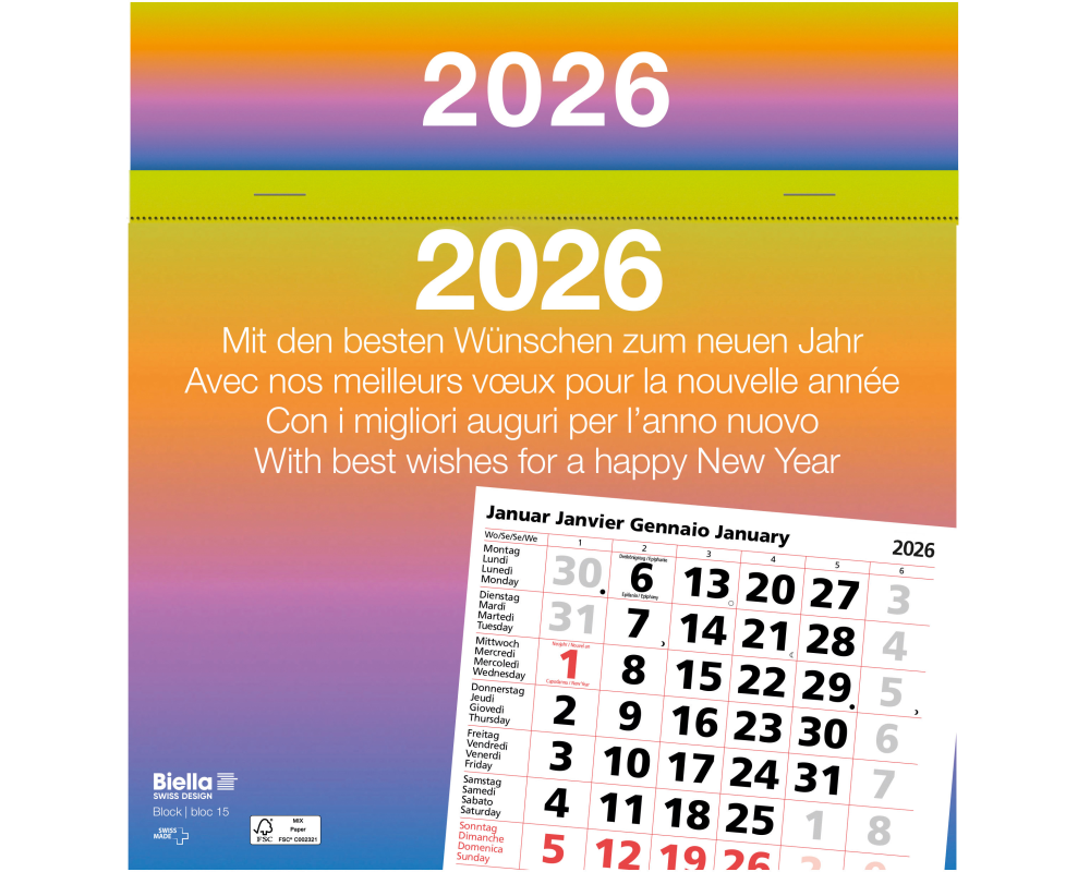 BIELLA Abreissblock Nr.15 2026 889015000026U 1M/1S farbig ML 19.8x20.5cm