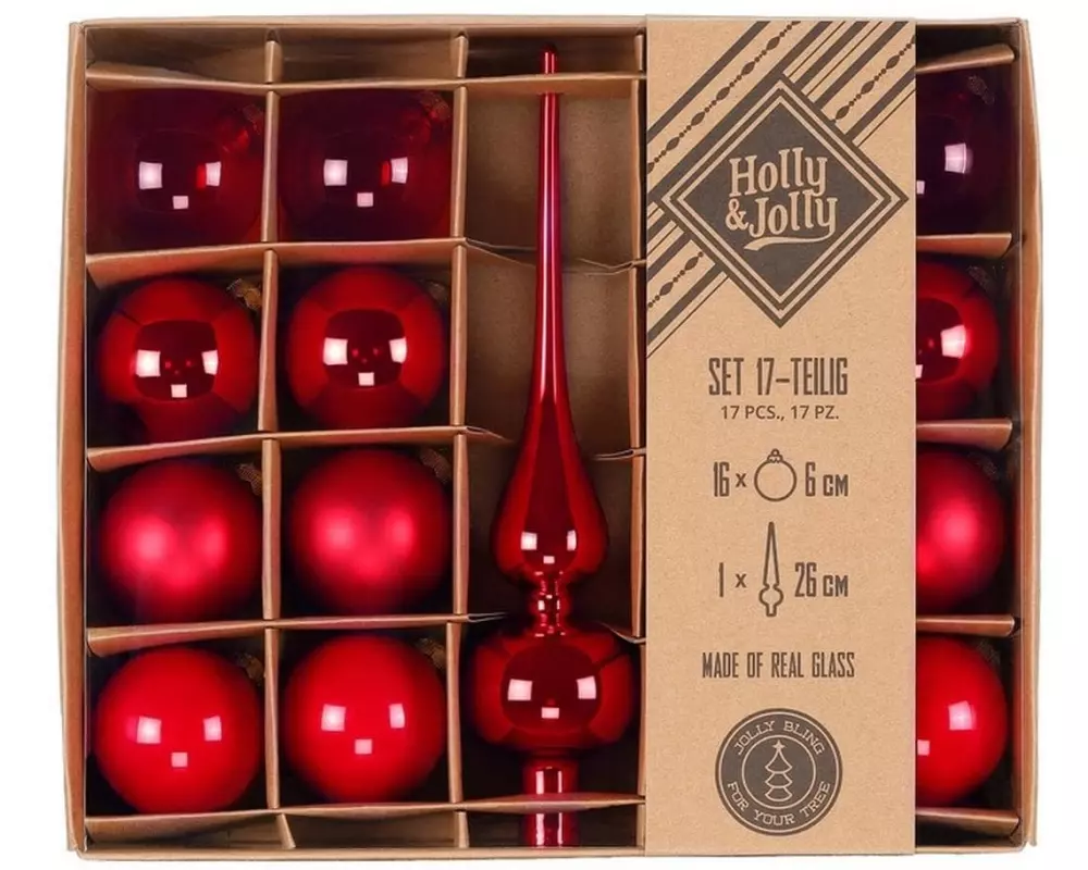 Holly & Jolly Weihnachtskugel Merry Red 17 Stück, 6cm – mit Spitze