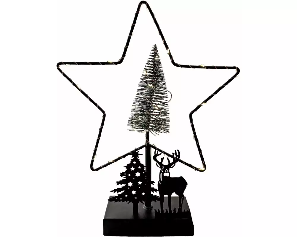 Dameco Tischdeko Stern mit Hirsch und Baum, 26 LEDs, 32 cm, Schwarz