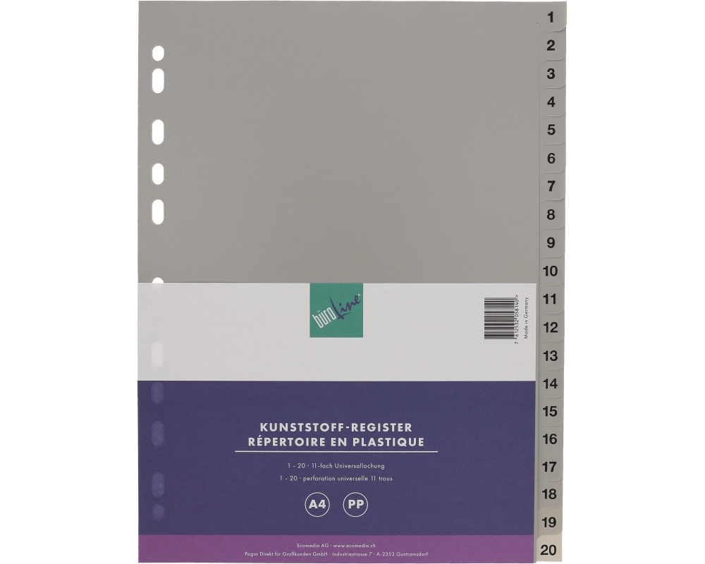 BÜROLINE Register PP A4 40942 grau 1-20