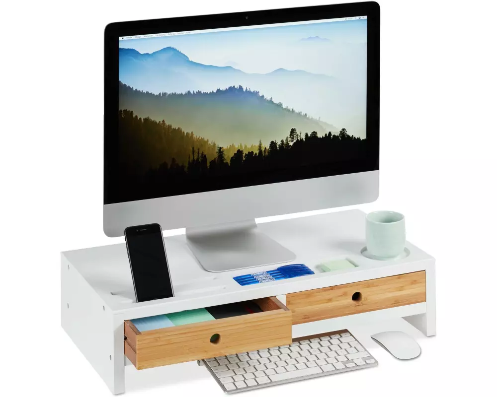 relaxdays Monitorständer, Bambus, Weiss / Hellbraun