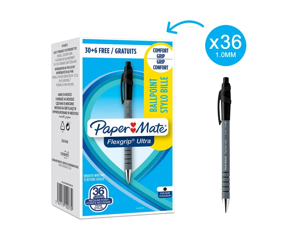Paper Mate Kugelschreiber Flexgrip Ultra 1 mm, Schwarz, 36 Stück