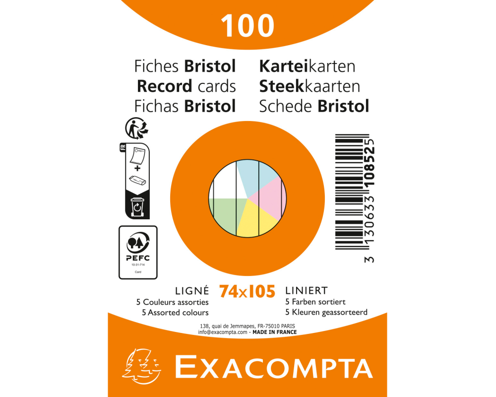 EXACOMPTA Karteikarten liniert A7 10852E farbig assortiert 100 Stück