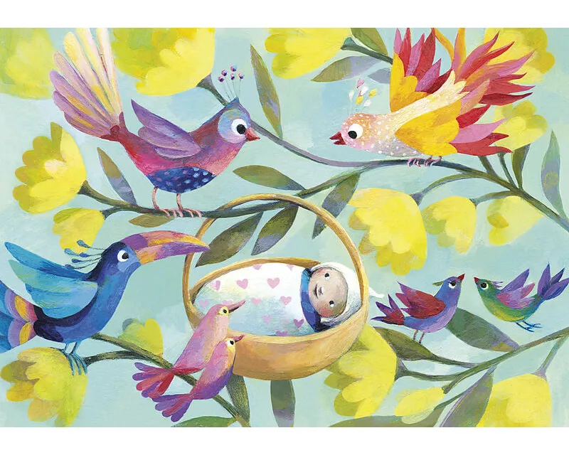 Doppelkarte. Bunte Grüsse / Baby in Korb / Quer