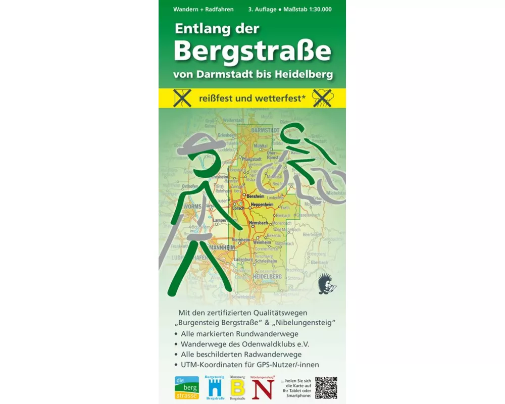 Wandern + Radfahren, Entlang der Bergstraße von Darmstadt bis Heidelberg 1:30.000