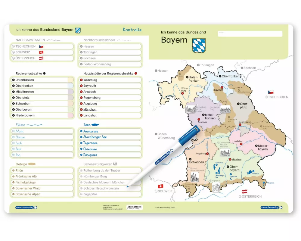 Ich kenne das Bundesland Bayern-Lerntafel mit Stift