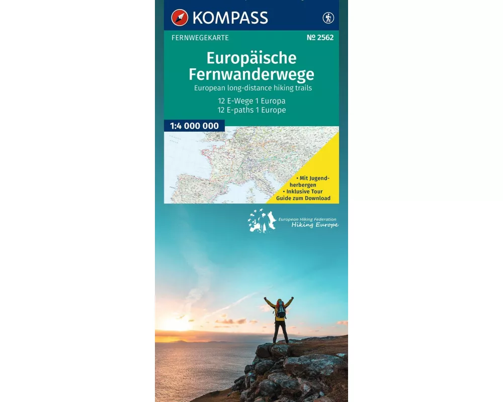 KOMPASS Fernwegekarte Europäische Fernwanderwege, 12 E-Wege - 1 Kontinent 1:4 Mio