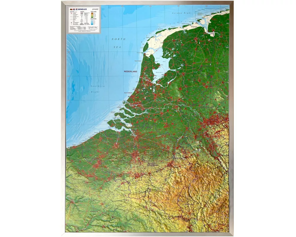 Relief Belelux 1:700.000 mit Aluminiumrahmen