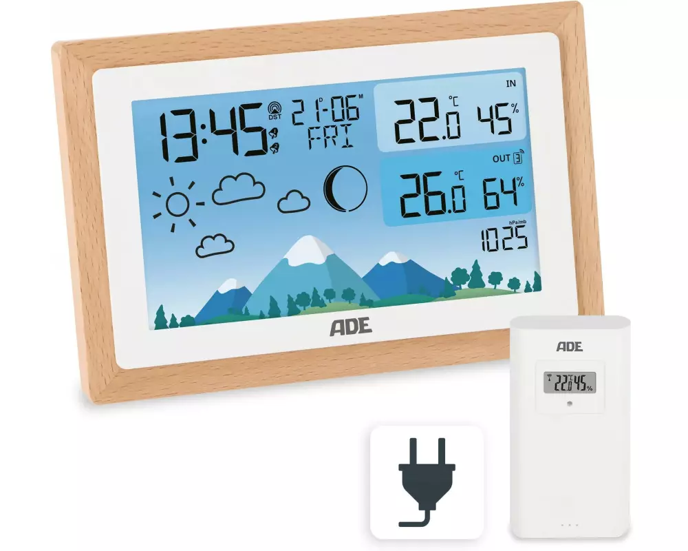 ADE Wetterstation mit Funk-Aussensensor Holz-weiss