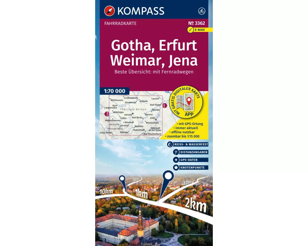 KOMPASS Fahrradkarte 3362 Gotha, Erfurt, Weimar, Jena 1:70.000