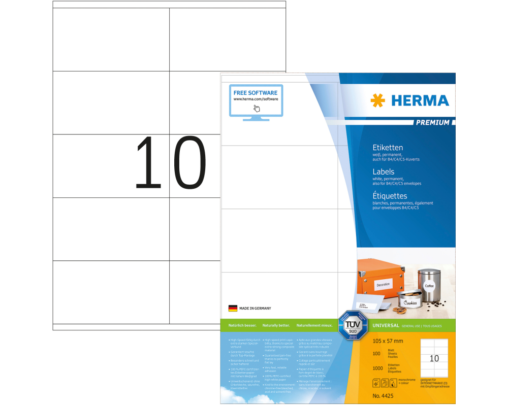 HERMA Universal-Etiketten 105x57mm 4425 weiss 1000 St./100 Blatt
