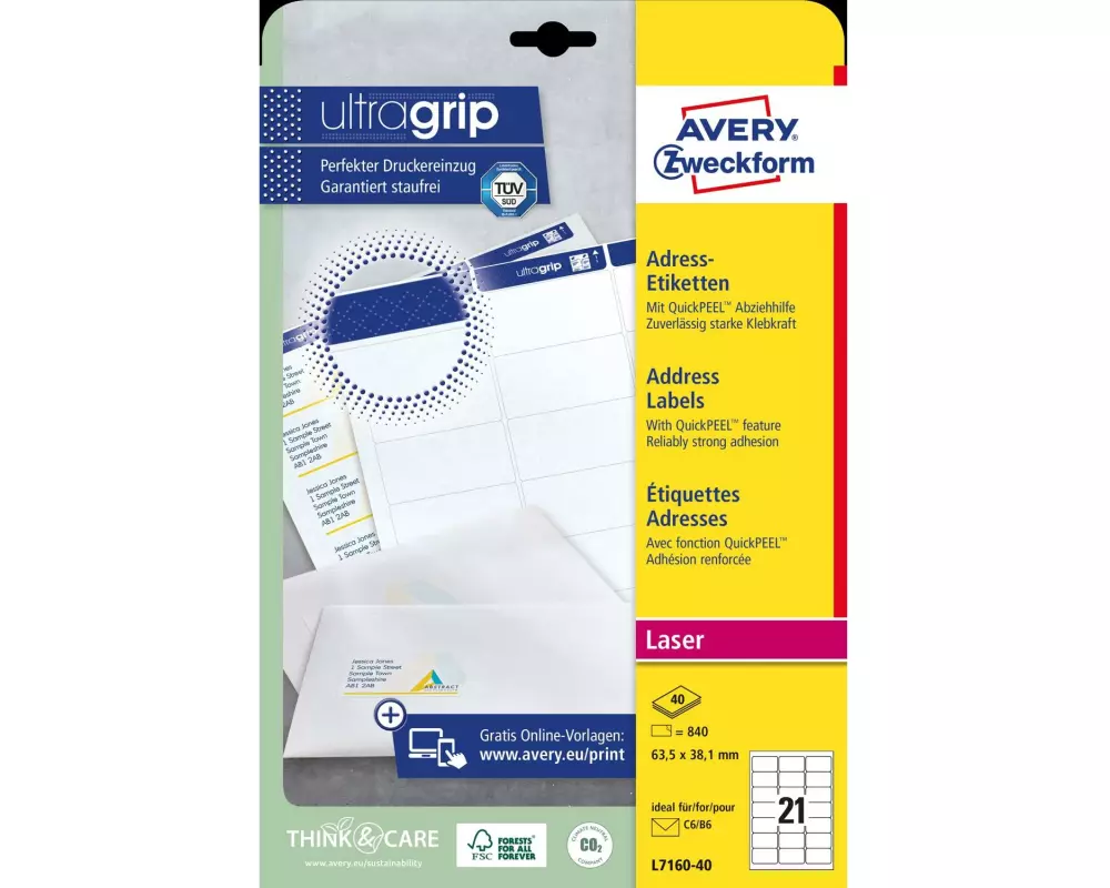 Avery Zweckform Adressetiketten Ultragrip 63.5 x 38.1 mm, 40 Blatt