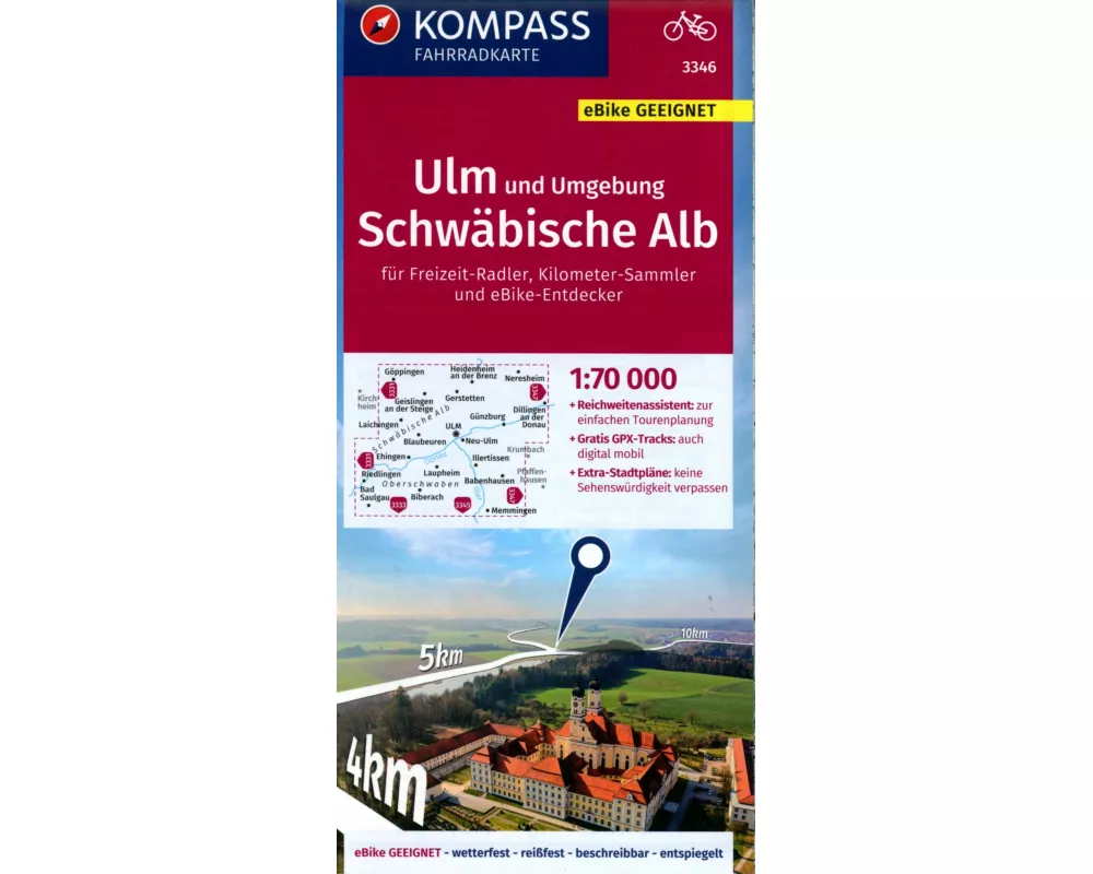 KOMPASS Fahrradkarte 3346 Ulm und Umgebung, Schwäbische Alb 1:70.000