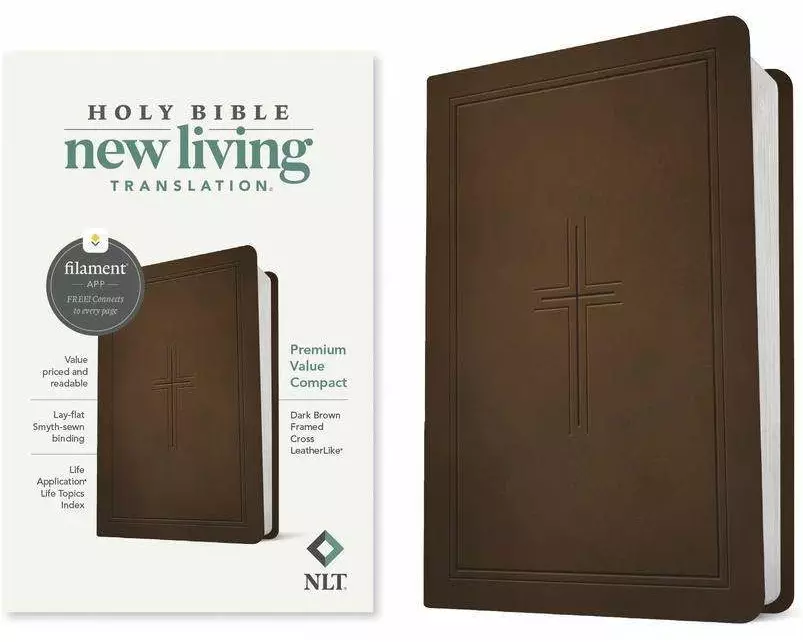 NLT Premium Value Compact Bible, Filament Enabled (Leatherlike, Dark Brown Framed Cross)