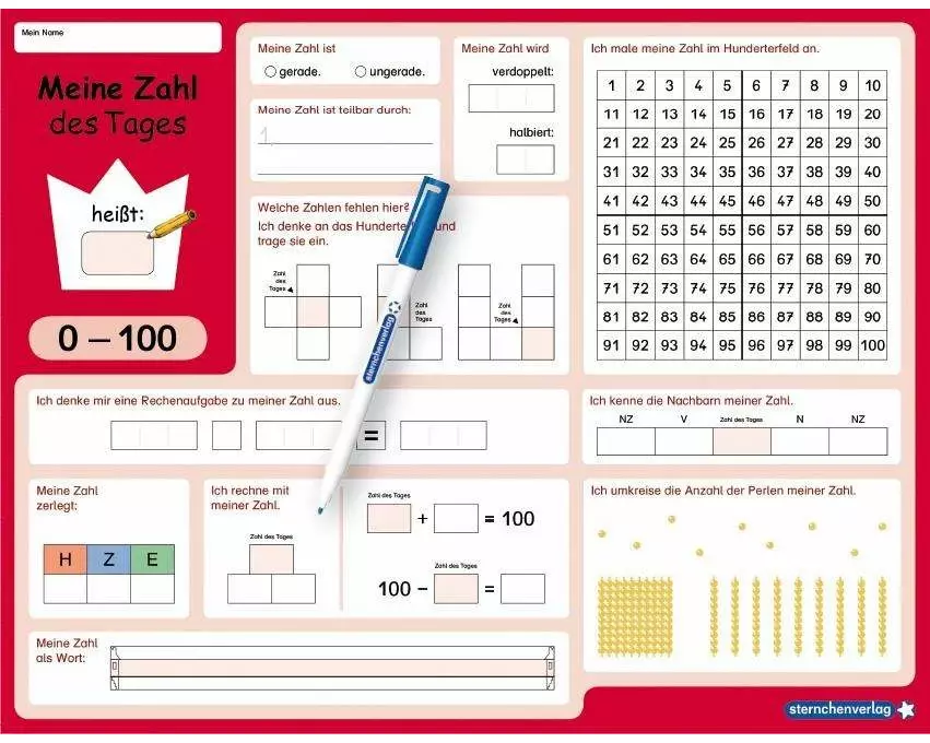 Meine Zahl des Tages 0-100 - wiederbeschreibbare Lerntafel mit Stift - Mathematik