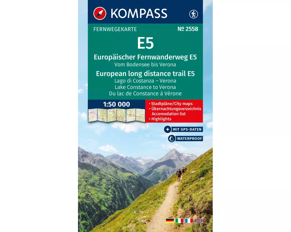 KOMPASS Wander-Tourenkarte Europäischer Fernwanderweg E5 Alpenüberquerung vom Bodensee bis Verona 1:50.000