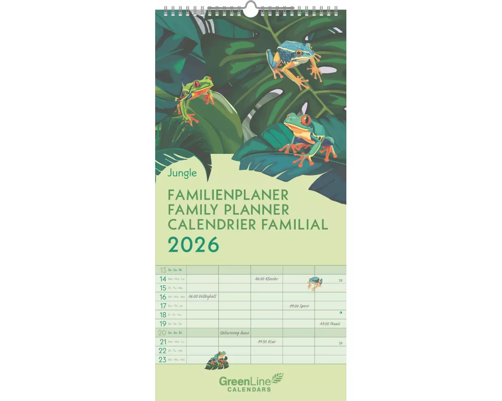 GreenLine - Jungle 2026 – Familienplaner 22x45 cm, nachhaltiger Wandkalender mit 5 Spalten, exotischen Illustrationen & 3-sprachigem Kalendarium für F