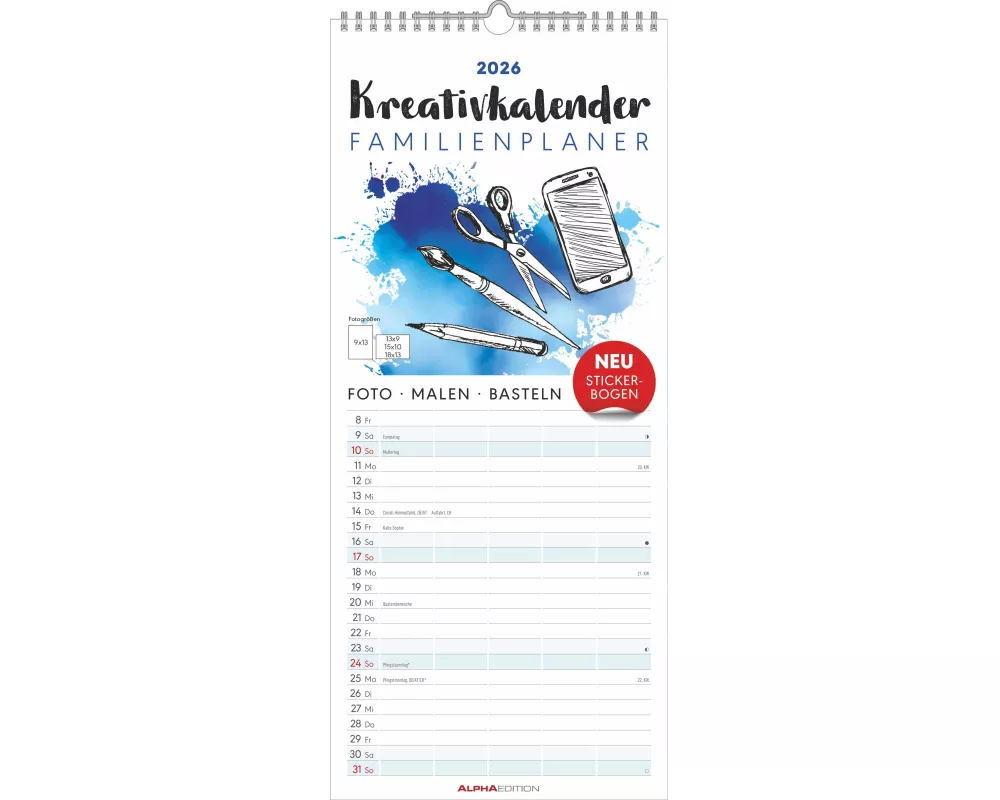 Alpha Edition - Kreativ-Kalender Familienplaner 2026 – Bastelkalender 19,5×45 cm mit 5 Spalten – individuell gestaltbar mit Foto, Zeichnung & Bastelid