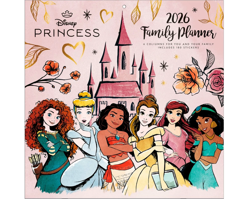 Pyramid - DISNEY PRINCESS 2026 – Familienplaner 30×30 cm mit 12 märchenhaften Illustrationen von Arielle, Cinderella, Belle & Rapunzel, Wandkalender f