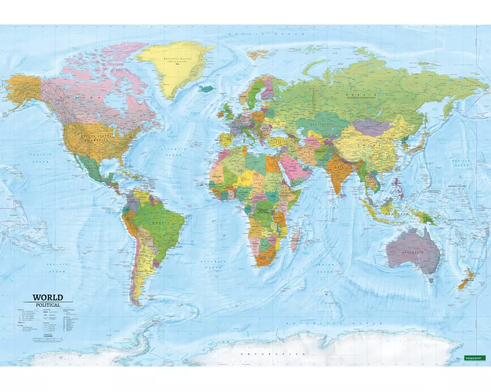 World map, political - physical, english, 1:20.000.000, Poster, freytag & berndt