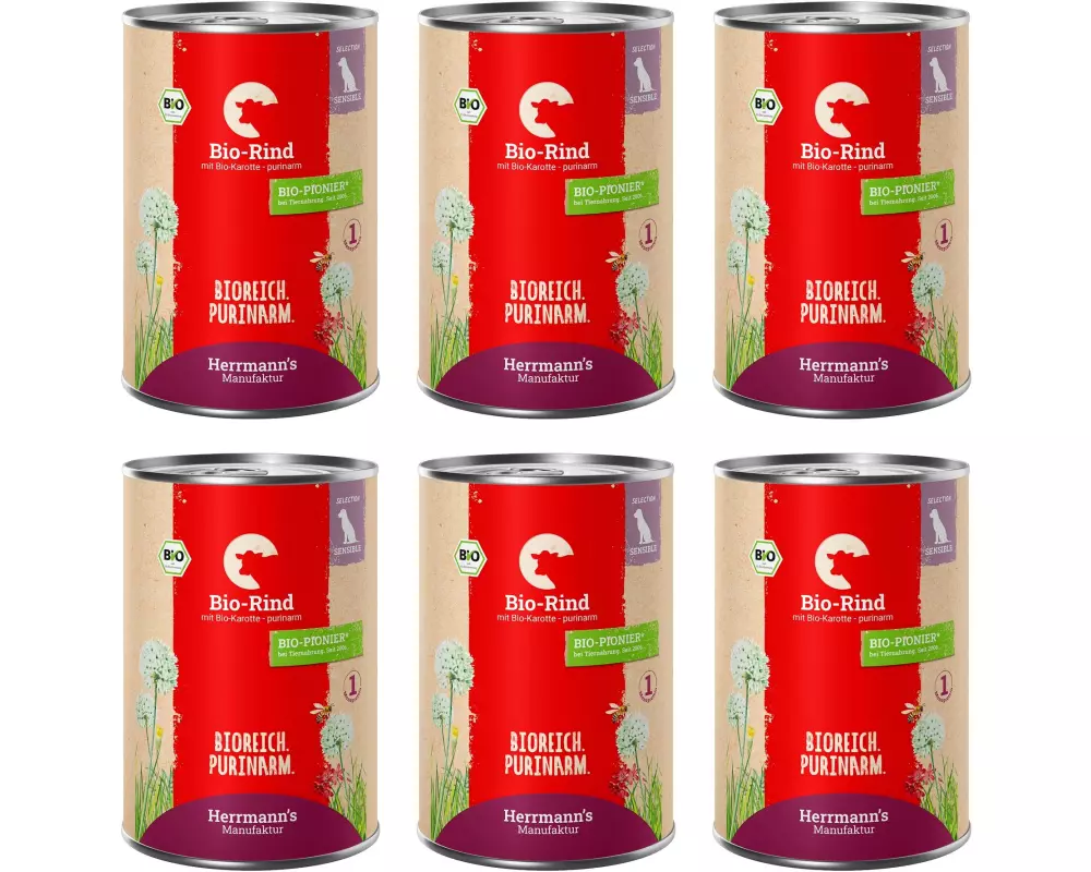 Herrmann's Nassfutter Bio Rind mit Karotten – purinarm 6 x 400 g