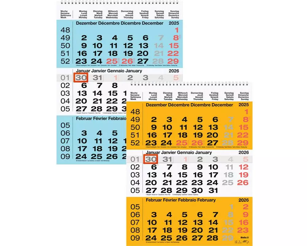 Biella 3-Monatskalender 2026 31 x 40 cm, Gelb