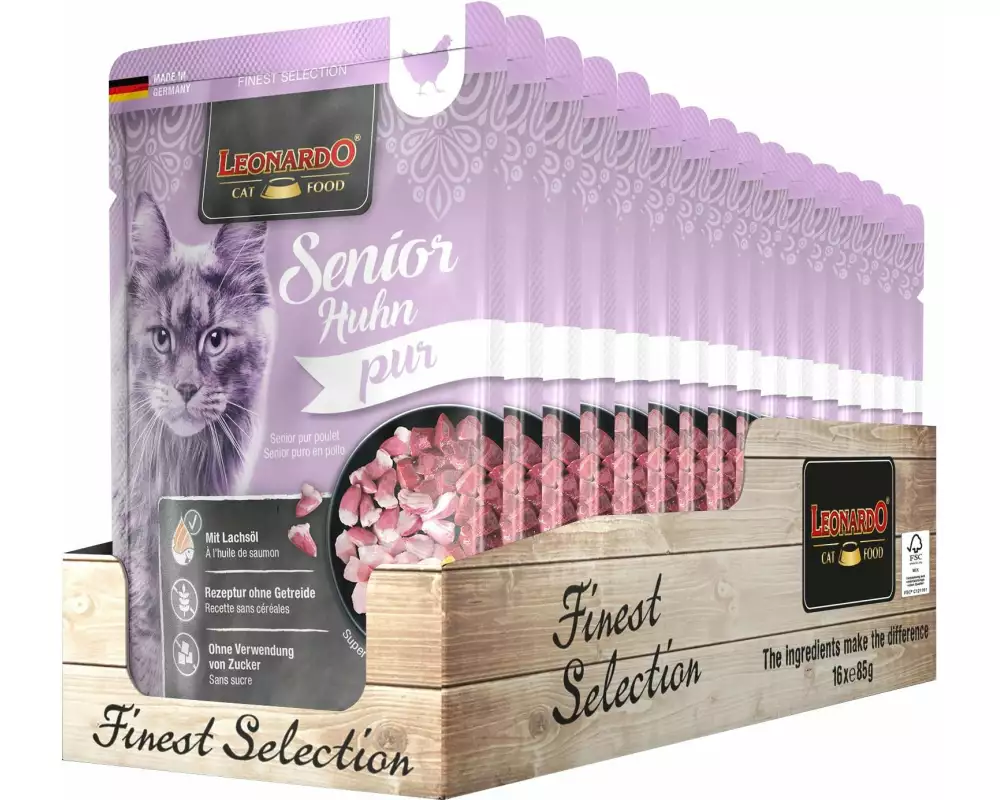 Leonardo Cat Food Nassfutter Senior Huhn Pur, 16 x 85 g