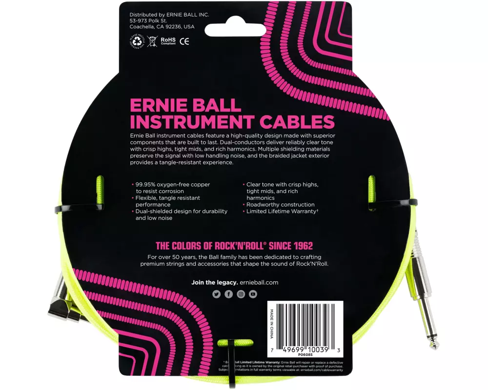 Ernie Ball Instrumentenkabel 6085 – 5.49 m, Neongelb