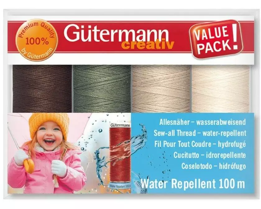 Gütermann Nähgarn-Set Water Repellent 4 Stück, Beige/Braun/Grün/Weiss