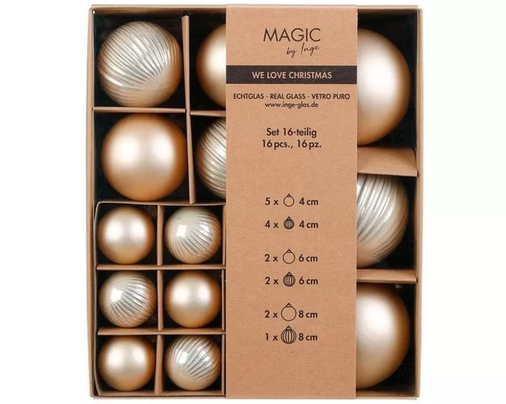 INGES CHRISTMAS DECOR Weihnachtskugel 4, 6 und 8 cm Champagner, 16 Stück