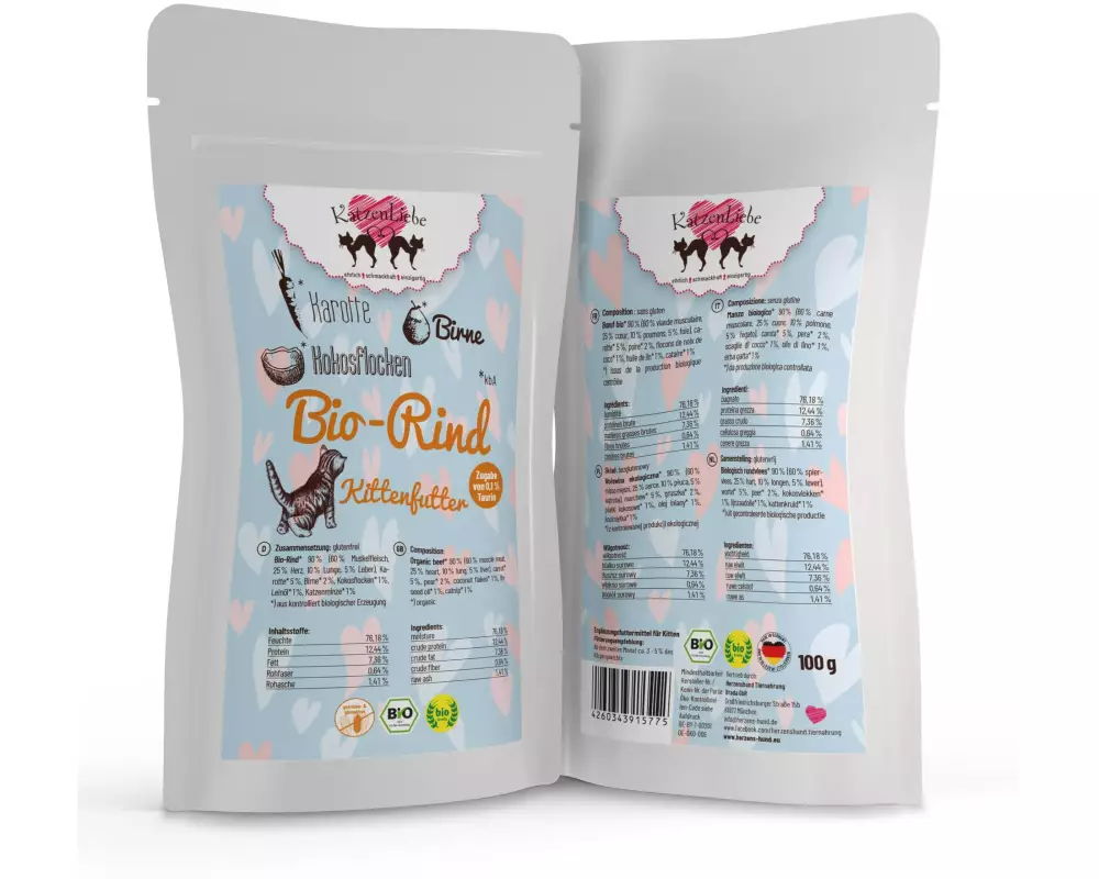 KatzenLiebe Nassfutter Kitten Bio-Rind mit Bio-Karotte, 100 g