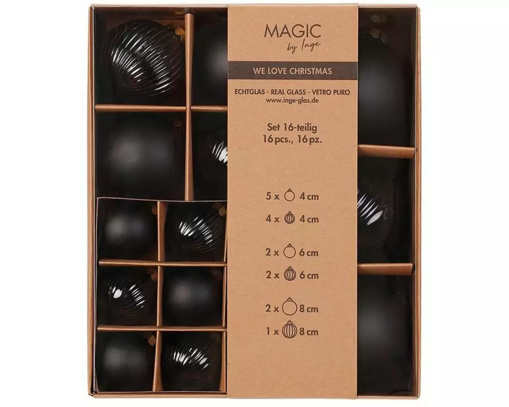 INGES CHRISTMAS DECOR Weihnachtskugel 4, 6 und 8 cm Schwarz, 16 Stück
