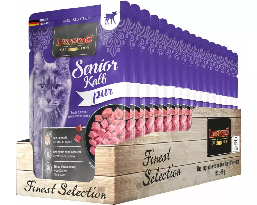 Leonardo Cat Food Nassfutter Senior Kalb Pur, 16 x 85 g